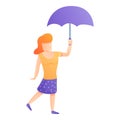 Happy woman purple umbrella icon, cartoon style