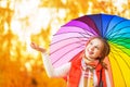 Happy woman with rainbow multicolored umbrella under rain in par