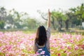 Happy woman raise hand and pointing finger up in beautiful pink cosmos flower garden. Royalty Free Stock Photo