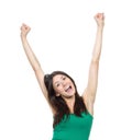 Happy woman with raised arms or hands up sign Royalty Free Stock Photo