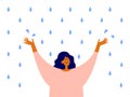 Rainy day vector illustration with happy woman with raised arms stands enjoying rain