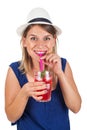 Happy woman with raspberry mint lemonade Royalty Free Stock Photo