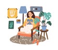 Happy woman reading book sitting in comfy armchair vector flat illustration. Smiling domestic female relaxing at home