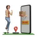 happy woman receiving package from courier popping up from mobile screen