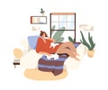 Happy woman relaxing with cats on bed at home. Person resting in cozy bedroom with pets, lying, talking on mobile phone