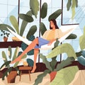 Happy woman relaxing in hammock among potted plants in greenhouse. Person resting in home garden with green houseplants