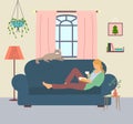 Happy woman relaxing at sofa at home, drinking tea and reading book with cat together, flat style