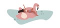 Happy woman rest by sea. Cartoon female character swimming on flamingo pink inflatable mattress. Girl wears bikini