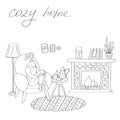 Happy woman resting at home. Cozy house with fireplace. Seasonal concept for card, poster, sticker. Linear hand drawn