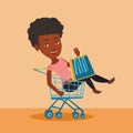 Happy woman riding by shopping trolley.