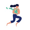 Happy woman running with heap of cash vector flat illustration. Lucky female rejoicing financial fortune or lottery win Royalty Free Stock Photo