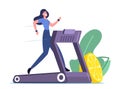 Happy Woman Running on Treadmill with Lemon. Athletic Girl Exercising on Treadmill to be Slim. Fitness, Healthy Activity