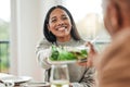 Happy woman, salad and family dinner at thanksgiving celebration at home. Food, female person and eating at a table with Royalty Free Stock Photo