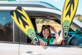 happy woman in scuba mask stick out legs in flippers car travel sea vacation Royalty Free Stock Photo