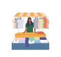 Happy woman seller cartoon character offering clothes trendy outfit standing at street market stall