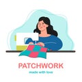 Happy woman sewing patchwork. Vector illustration for Cutting and sewing courses Royalty Free Stock Photo