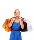 Happy woman, shopping bag and thinking of retail discount, sale and giveaway or fashion choice on white background