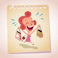 Happy woman shopping note paper cartoon illustration Royalty Free Stock Photo