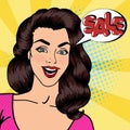 Happy Woman Shouts Sale. Sale Banner. Pin Up Girl. Pop Art