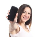 Happy woman showing a black mobile phone screen