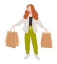 Happy woman showing bought products in shop vector