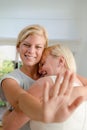 Happy woman showing engagement ring to mother Royalty Free Stock Photo