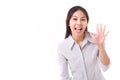 Happy woman showing her palm or 5 fingers gesture Royalty Free Stock Photo