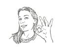 Happy woman showing OK sign gesture Vector sketch, Hand drawn female long hair portrait