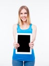 Happy woman showing tablet computer screen Royalty Free Stock Photo