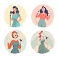Happy woman singer, rock or pop vocalist. Set of round icons or avatars on white