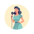 Happy woman singer, rock or pop vocalist wearing dress and singing in microphone Royalty Free Stock Photo