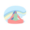 Happy woman sits in lotus pose and open her arms to the rainbow. Smiled girl creates good vibe around her. Smiling Royalty Free Stock Photo