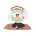 Happy woman sits in lotus pose and open her arms to the rainbow. Smiled girl creates good vibe Royalty Free Stock Photo