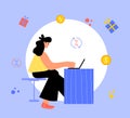 Happy woman sitting at the laptop. Vector illustration.