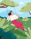Happy woman sitting on swings in nature. Young carefree girl chilling outdoors on summer holiday, dreaming, relaxing