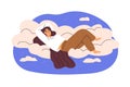 Happy woman sleeping on soft cloud. Girl lying, relaxing in sky, heaven, asleep. Healthy dream, rest. Relaxation