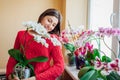 Happy woman smelling blooming white orchid holding pot. Girl gardener taking care of home plants and flowers. Royalty Free Stock Photo