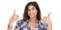 Happy woman smile giving two thumbs up fingers hands over white background Royalty Free Stock Photo