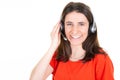 Happy woman smiling cheerful support phone operator call center portrait in headset Royalty Free Stock Photo
