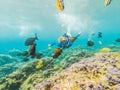 Happy woman in snorkeling mask dive underwater with tropical fishes in coral reef sea pool. Travel lifestyle, water Royalty Free Stock Photo