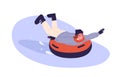 Happy woman on snow tubing sliding down slope, riding it on stomach. Person having fun on winter holidays. Active