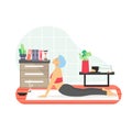 Happy woman spending time at home. Cute girl doing gymnastics, practicing yoga in the morning, flat vector illustration. Royalty Free Stock Photo