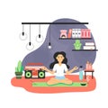 Happy woman spending free time at home. Cute girl doing yoga and enjoying meditation, flat vector illustration. Royalty Free Stock Photo