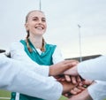 Happy woman, sports or hands of team in huddle with support, smile or plan for a hockey training game. Group, stack or