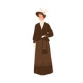 Happy woman standing in daily apparel of 1900s style vector flat illustration. Trendy smiling female wearing retro dress