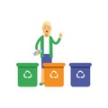 Happy woman standing near trash containers with hand up and sorting waste