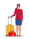 Happy woman stands with luggage, ready for travel or commute. Suitcase and travel bag. Concept of adventure, journey, relocation.