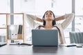 Happy woman stretching at office desk with health, muscle wellness and work life balance with laptop for career. Young