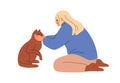 Happy woman stroking cat. Owner of feline animal petting it with love, holding and touching muzzle. Tenderness, caress