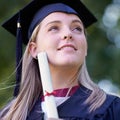 Happy woman, student and certificate in graduation for qualification, education or career ambition. Face of female